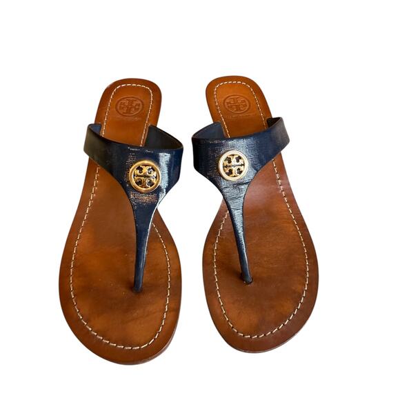 Tory Burch Cameron Wege Thong Sandals Navy Blue 7 - Picture 2 of 9